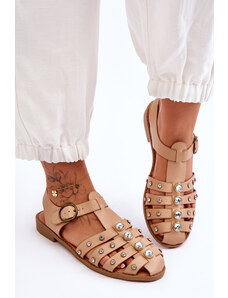 FlyFor Béžové dámske pruhované sandále zdobené kamienkami