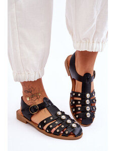 FlyFor Čierne dámske pruhované sandále zdobené kamienkami