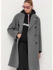 Vlnený kabát Karl Lagerfeld šedá farba, prechodný