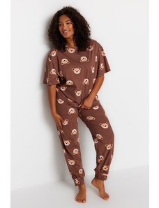 Trendyol Curve Súprava pleteného pyžama so vzorom hnedého medvedíka
