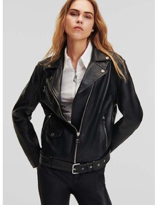 Kožená bunda Karl Lagerfeld dámska, čierna farba, prechodná