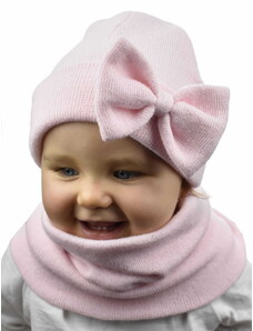 Detský komplet čiapka s mašľou a tunelový šál svetlo ružová