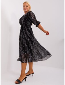 LAKERTA Čierne ľahké bodkované plus size šaty s viazaním a volánovými rukávmi