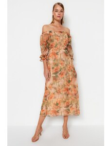 Trendyol Collection Oranžový kvetinový Carmen golier A-line/zvonový šifón Maxi podšité tkané šaty