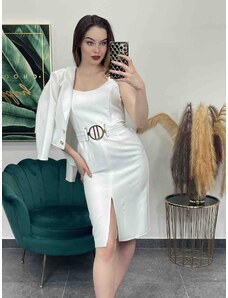 PrestigeShop Dámske elegantné krátke priliehavé šaty s rázporkom a sakom - biele