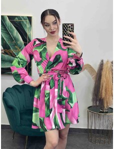 PrestigeShop Krátke áčkové šaty s prekladaným výstrihom - ružovo/zelené