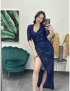 PrestigeShop Elegantné flitrované dámske šaty s krátkymi rukávmi - tmavo modré