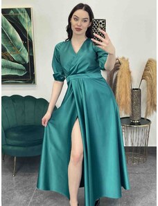 PrestigeShop Dlhé elegantné dámske šaty s rázporkom - petrolejovo modré