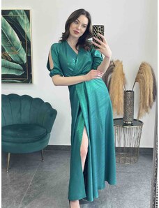 PrestigeShop Dlhé elegantné dámske šaty s rázporkom - smaragdovo zelené