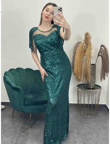 PrestigeShop Dlhé luxusné priliehavé šaty so striebornými trblietkami - smaragdovo zelené