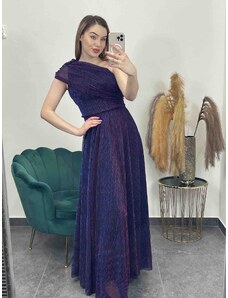 PrestigeShop Dlhé elegantné šaty na jedno rameno - fialovémodré