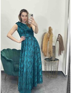 PrestigeShop Dlhé elegantné šaty so zlatými vzormi na jedno rameno - smaragdovo zelené