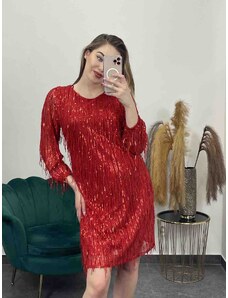 PrestigeShop Krátke strapcované dámske šaty s dlhými rukávmi - červené