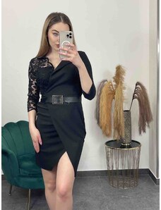 PrestigeShop Elegantné dámske šaty s 3/4 čipkovanými rukávmi a opaskom - čierne