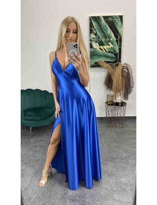 PrestigeShop Dlhé elegantné saténové šaty na ramienka s rázporkom - modré