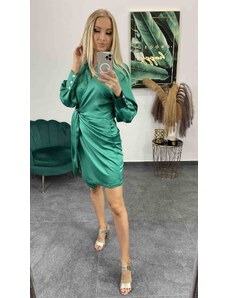 PrestigeShop Krátke saténové šaty s golierikom a gombíkmi – zelené