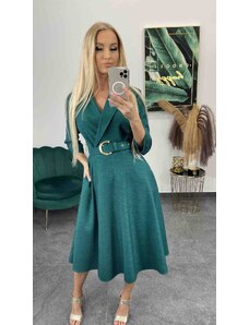 PrestigeShop Midi elegantné šaty s áčkovou sukničkou, prekladaným výstrihom a opaskom - zelené