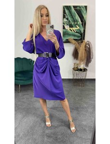 PrestigeShop Midi elegantné šaty s nazberanou sukňou a opaskom - fialové