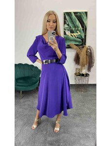 PrestigeShop Midi pohodlné šaty s áčkovou sukňou a čiernym opaskom - fialové