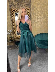 PrestigeShop Midi spoločenské šaty s áčkovou tylovou sukňou - smaragdovo zelené