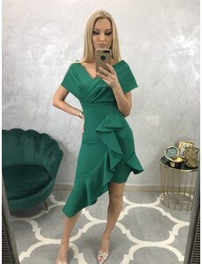 PrestigeShop Asymetrické smaragdovo zelené šaty s ozdobnými volánikmi