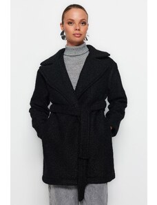 Trendyol Black oversize široký strih pásový boucle kabát
