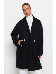 Trendyol Collection Čierny oversize kabát so širokým strihom s dlhou známkou