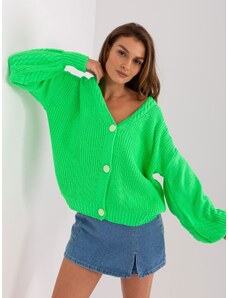 BADU Fluo zelený vlnený sveter s gombíkmi a nafúknutými rukávmi