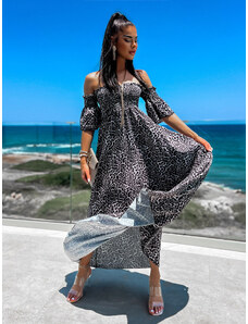 ErikaFashion Čierne dlhé elegantné šaty MARIGOL s gepardím vzorom
