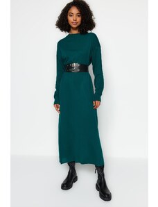 Trendyol tmavozelené korzové pletené šaty s opaskom