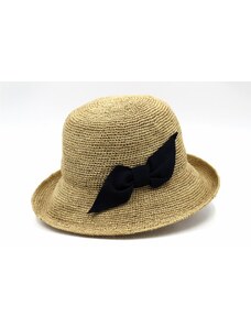 Marone Dámsky slamený klobúk Cloche s čiernou mašľou
