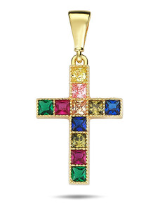 Lillian Vassago Zlatý prívesok krížik s farebnými zirkónmi LLV98-GP018