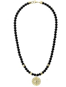 Manoki Pánský korálkový náhrdelník Diego Gold - přírodní onyx, větrná růžice