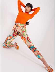 ITALY MODA Béžové dámske nohavice s farebným vzorom a opaskom