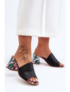 Lewski Shoes Čierne dámske kožené šľapky na vysokom podpätku s kvetinovým vzorom Lewski