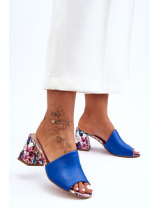 Lewski Shoes Modré dámske kožené šľapky na vysokom podpätku s kvetinovým vzorom Lewski