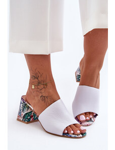 Lewski Shoes Biele dámske kožené šľapky na vysokom podpätku s kvetinovým vzorom Lewski