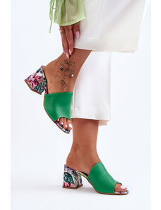 Lewski Shoes Zelené dámske kožené šľapky na vysokom podpätku s kvetinovým vzorom Lewski