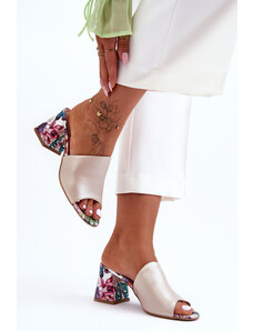 Lewski Shoes Perlovo-béžové dámske kožené šľapky na vysokom podpätku s kvetinovým vzorom Lewski