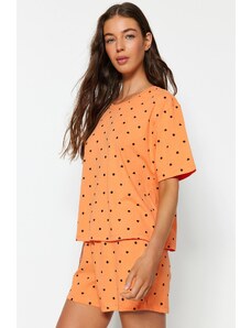 Trendyol Collection Oranžovo-viacfarebná 100% bavlna Tričko so vzorom srdca-Šortky Pletené pyžamové súpravy