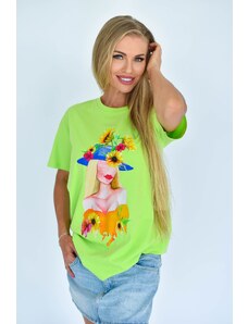 Fam Dámske tričko Colorful Žena s klobúkom - svetlozelené