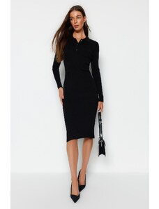 Trendyol Collection Čierne midi úpletové šaty s polo výstrihom