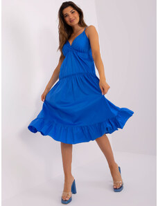 O BELL Modré bavlnené romantické volánové šaty na ramienka