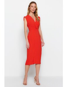 Trendyol Collection Red Gather Detailed Double Breasted Golier Midi Woven Dress