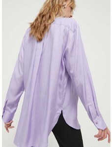 Košeľa HUGO dámska, fialová farba, voľný strih, s klasickým golierom