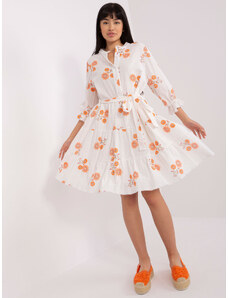 LAKERTA Bielo-oranžové bavlnené kvetinové šaty s volánmi a opaskom