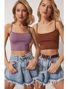 Happiness İstanbul Women's Lilac Brown 2 Pack Strap Knitted Crop Bustier Blouse