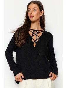 Trendyol Čierna čipka detailný pletený sveter