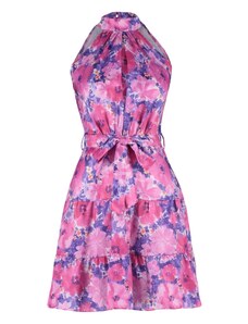 Trendyol Collection Fuchsiové saténové mini tkané šaty s kvetinovou potlačou