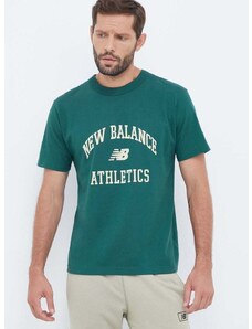 Bavlnené tričko New Balance zelená farba, s potlačou